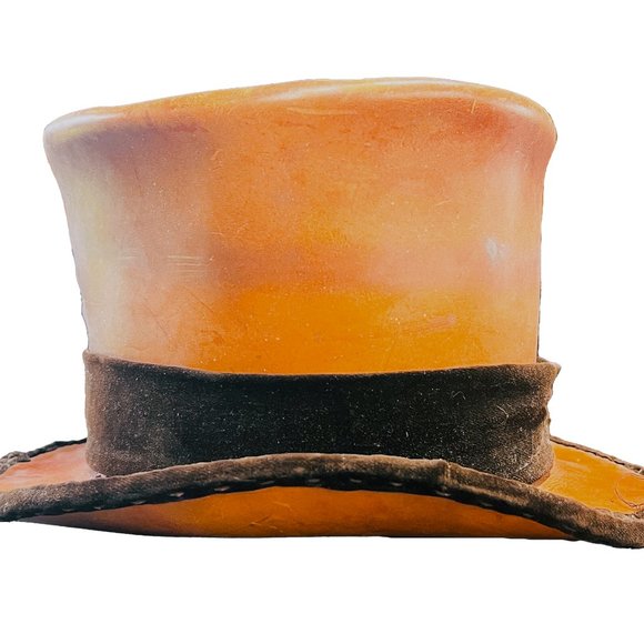 Vintage Handstitched Tan Leather Top Hat with Velvet Trim, Unique Steampunk - Picture 4 of 7